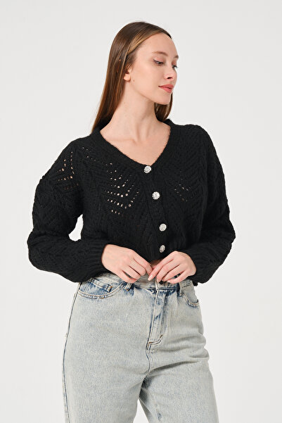 PUNKY CAT Жіночий чорний ажурний кардиган з ґудзиками та сітчастим плетінням