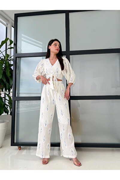 HARMONY GLOBAL طقم كتان مطرز برقبة على شكل حرف V وخصر بحزام قصير عالي الخصر 60040