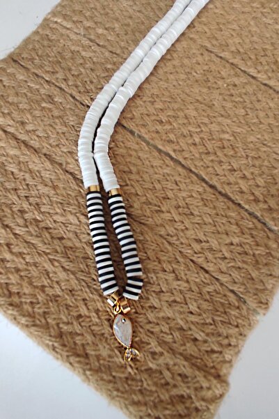 New Obsessions Altın Kaplama Balık Figürlü Siyah Beyaz Fimo Boncuk Kolye