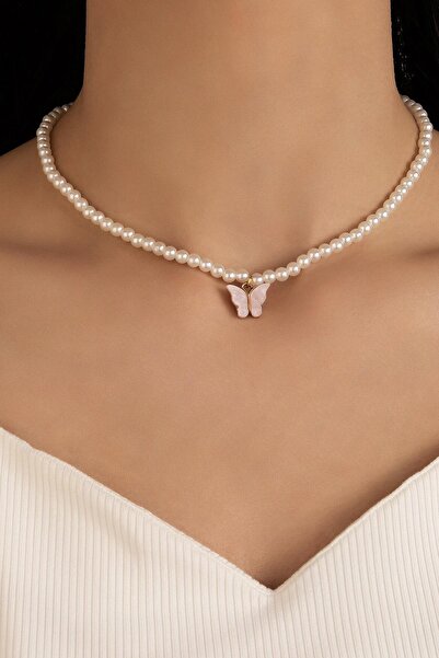 New Obsessions Butterfly Pendant Glass Pearl Necklace