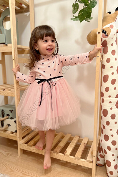 penu baby kids Pembe Puantiyeli Tütülü Uzun Kol Kız Bebek Elbise - Emily