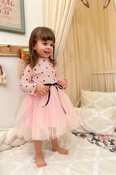 penu baby kids Pembe Puantiyeli Tütülü Uzun Kol Kız Bebek Elbise - Emily