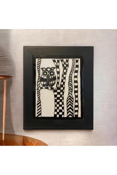 Handmade Çini Seramik Baykuş Motifli Tasarım 27,5 x 32,5 Çerçeveli Tablo