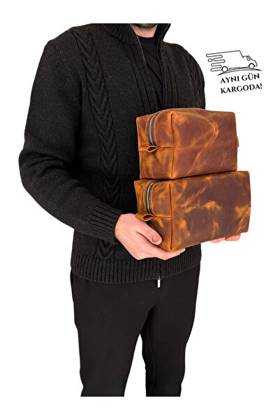 Leather Anatolia حقيبة يد من الجلد الحقيقي بسحاب - مجموعة Dopp - حقيبة مكياج ...