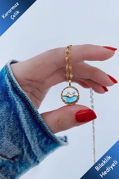 The Collection Non-Tarnish Whale Steel Necklace Blue Water Floating Fish Model Gold Color Steel Necklace