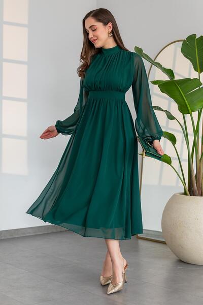 vuvutasarım Lined Chiffon Fabric Long Sleeve Stand Collar Flared Cut Midi Length Emerald Chiffon Dress 094
