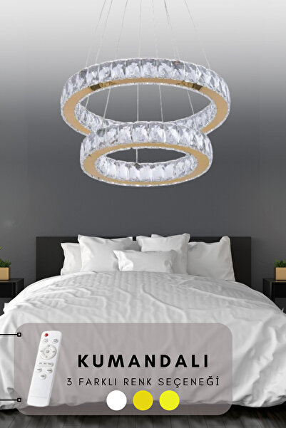 AYDINHOMELİGHT Işıltı Kumandalı Sarkıt 2'Li Kristal Avize 30 x 40 Gold - Yuva...