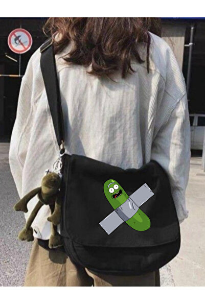Genel Markalar Siyah Pickle Rick Baskılı Unisex Askılı Postacı Çanta