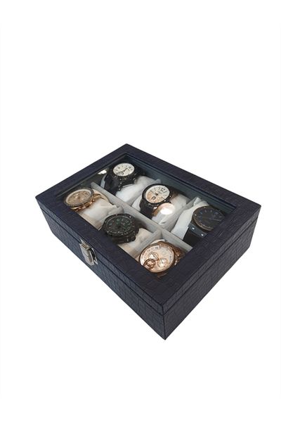 STAND MARKET Watch Box 6 Pieces Dark Blue Crocodile