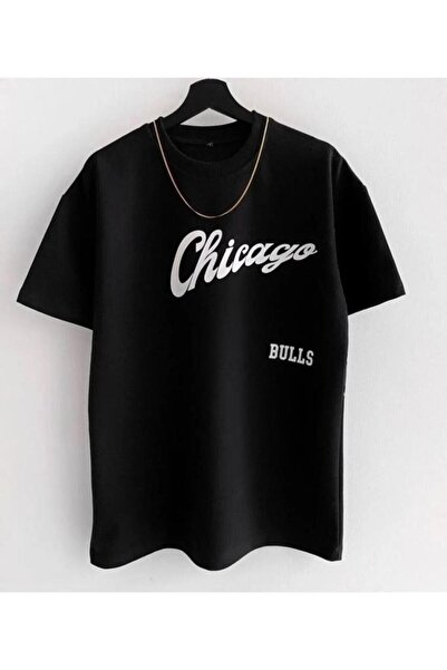 Khione Tricou oversize, 100% bumbac, cu imprimeu Chicago Bulls, unisex