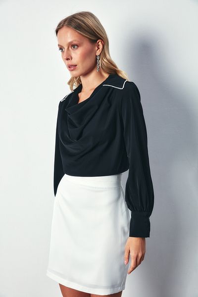 Sateen Bluză Degaje Perla Guler Loose - NEGRA