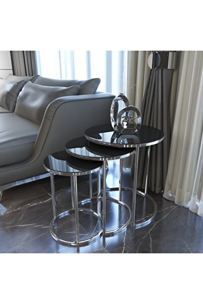 Puklife Ceylin 3lü Zigon Sehpa Gümüş Renk Metal Ayak, Siyah Kırılmaz Ayna