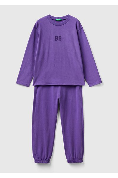 United Colors of Benetton Set pijamale brodate cu logo violet pentru băiat