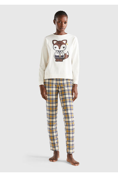 United Colors of Benetton Kadın Krem Ekoseli Hayvan Baskılı Pijama Takımı