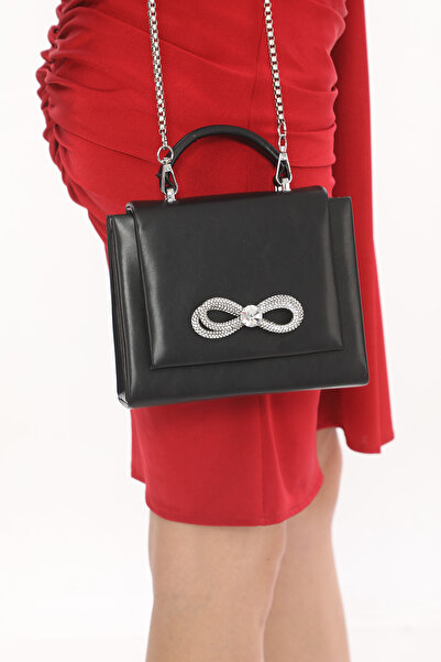 Piedra Black Matte Color Stone Magnetic Covered Evening Bag with Long Strap Width: 17.5 Cm Length: 14 Cm