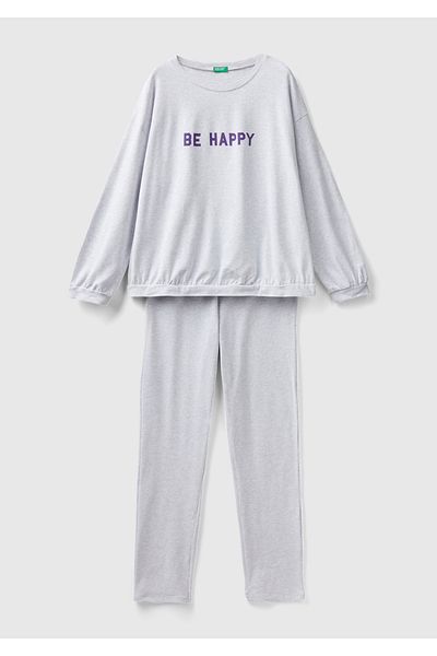 United Colors of Benetton Gray Slogan Printed Women's Pajama Set