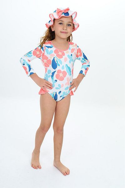My Kids Wear Costum de baie floral cu pălărie și curea de frânghie cu volan la spate