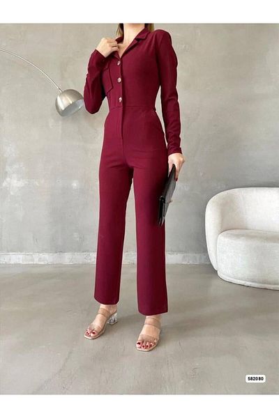 MsLena Butik Women's Button Detail Shirt Collar Long Sleeve Crepe Fabric Jumpsuit Claret Red