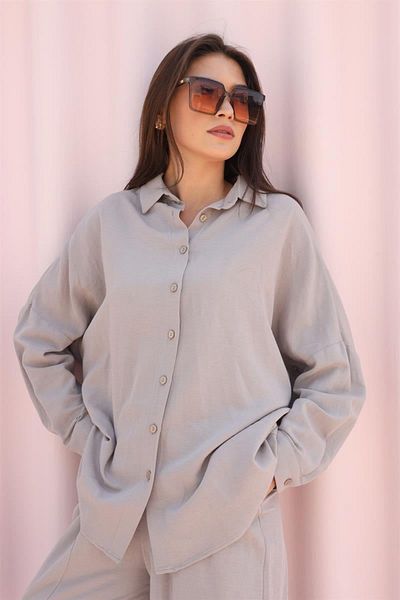 Laluvia Šedá plátěná košile oversize s nízkými rameny