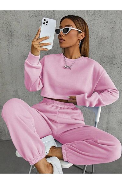 FAVORİST Pantaloni de trening roz cu 3 fire fleece cu elastic în talie și picior