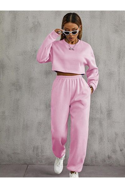 FAVORİST Pantaloni de trening roz cu 3 fire fleece cu elastic în talie și picior