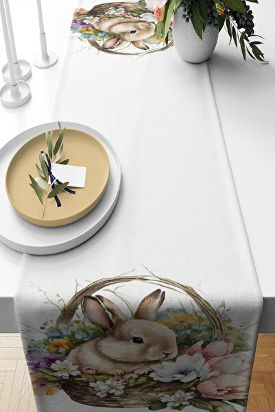 BelezaHome WHITE EASTER CUTE FLOWERED RABBIT DECORATIVE AMERICAN SERVICE RUNNER
