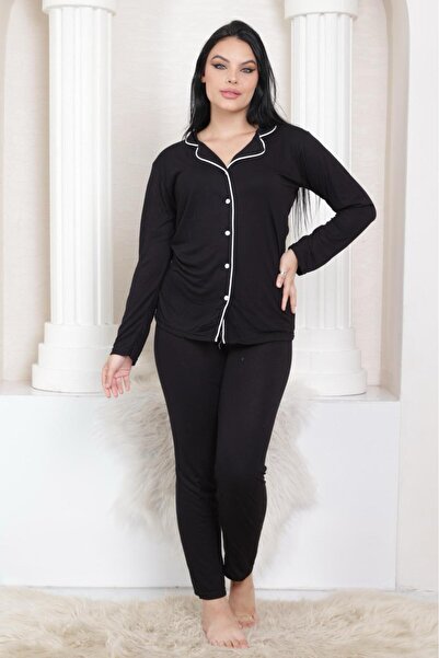 MEBA Siyah Beyaz Düğmeli Biyeli Örme Pamuk Pijama Takım