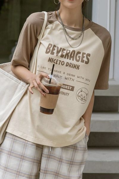 EFBUTİK Cream Unisex Mink Raglan Vintage Beverages Nice To Drink T-Shirt