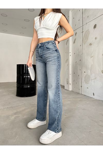 BİKELİFE Hellblaue, verwaschene Lycra-Jeans mit hoher Taille und weitem Bein für Damen