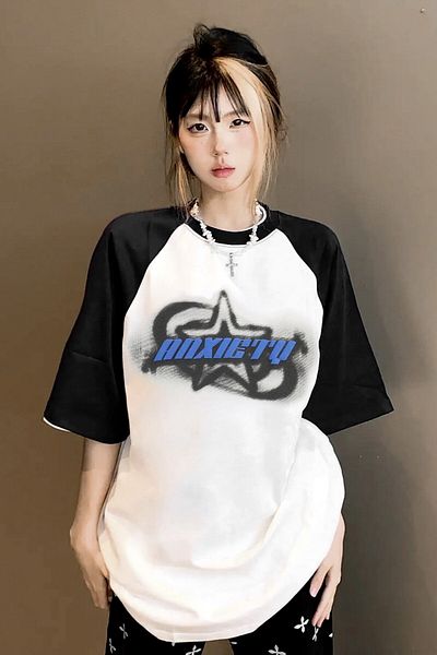 EFBUTİK White Unisex Black Reglan Anxiety Star T-Shirt