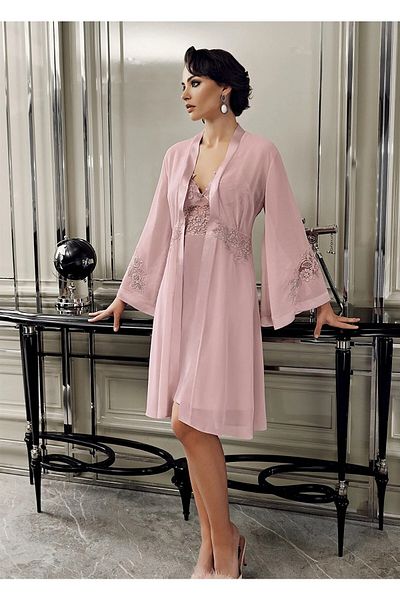 PERİN Set de pijamale din satin din dantela din 6 piese, cu rochie scurta, pantaloni scurti, culoare caramel 9400