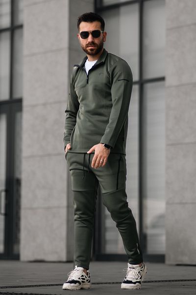 MADZEYMODA Men's Seasonal Scuba Fabric Reflective Detailed Half Zipper Khaki Green Bottom Top Set
