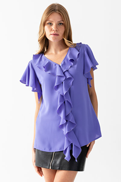 EtkiModa Γυναικεία βραδινή μπλούζα με λιλά γιακά και μανίκια με κουμπιά μπροστά