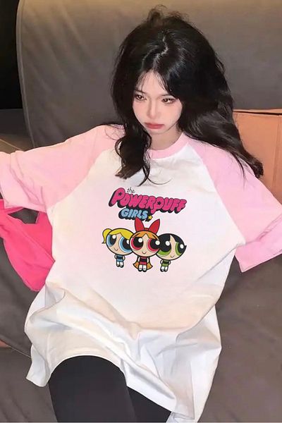 EFBUTİK White Unisex Pink Raglan Powerpuff Girls T-Shirt