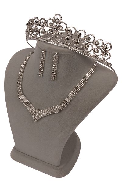 Hayalperest boncuk Vera Crystal Stone Evening Dress and Necklace Earring Set - Flower Patterned Bridal Crown