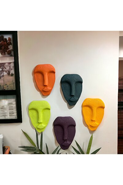 Mes Reves El Yapımı Taş Heykel Soyut Yüz Maske 5'li Set, Modern Yeşil, Mor Re...
