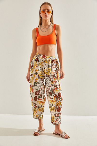 Bianco Lucci Women's Multi Patterned Linen Trousers with Elastic Waist Pockets60101058