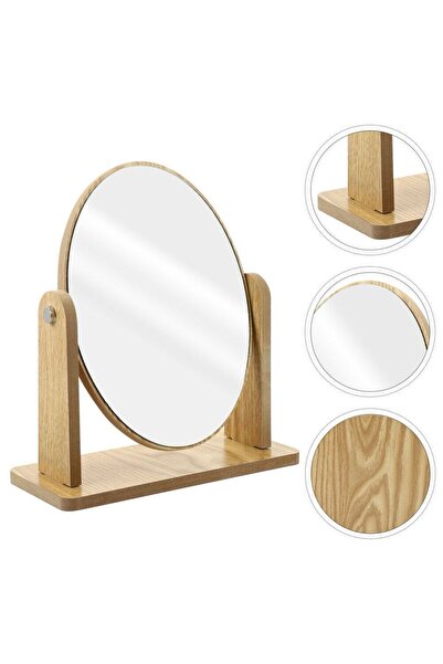 gaman Oval Masaüstü Dekoratif Doğal Ahşap Ayaklı Makyaj 18 CM Ayna
