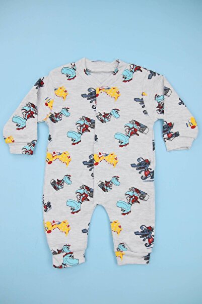 Lindakids Timsah Desenli Gri%100 Pamuk Manşetli (PATİKSİZ) Erkek Bebek Tulum