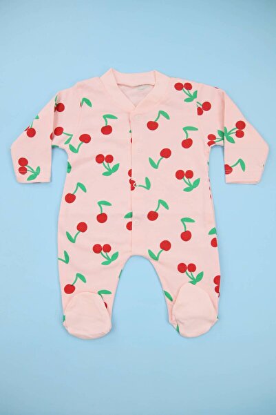 Lindakids Kiraz Desenli Pembe %100 Pamuk Patikli Kız Bebek Tulum
