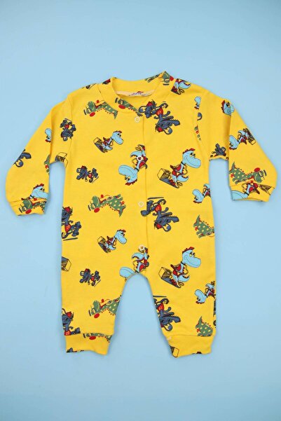 Lindakids Timsah Desenli Sarı %100 Pamuk Manşetli (Patiksiz) Erkek Bebek Tulum