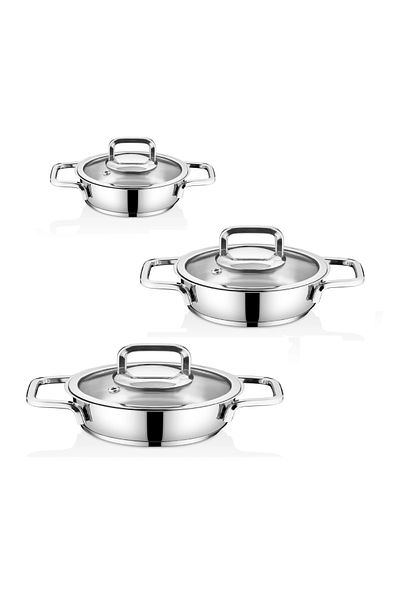 ERGENÇLER Falez Vento 3-Piece Steel Pan Set with Extra Thick Glass Lid - Large Size (20-22-24cm)