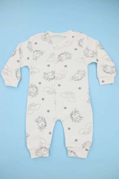 Lindakids Unicorn Desenli Ekru %100 Pamuk Manşetli (Patiksiz) Kız Bebek Tulum
