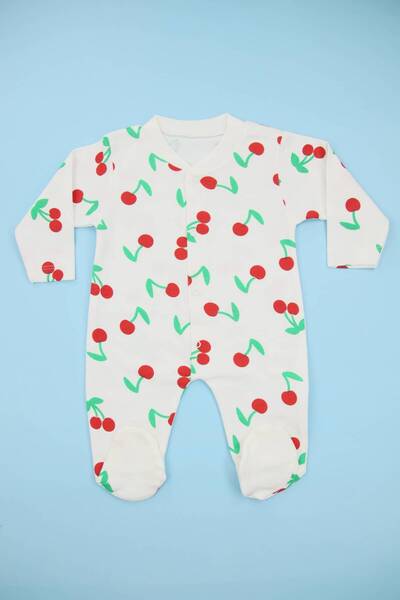 Lindakids Kiraz Desenli Beyaz %100 Pamuk Patikli Kız Bebek Tulum