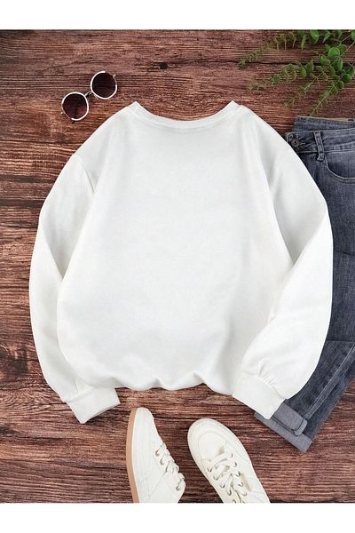 BEETON Motherhood Thick Winter Sweatshirt - White Printed Oversize Crew Neck