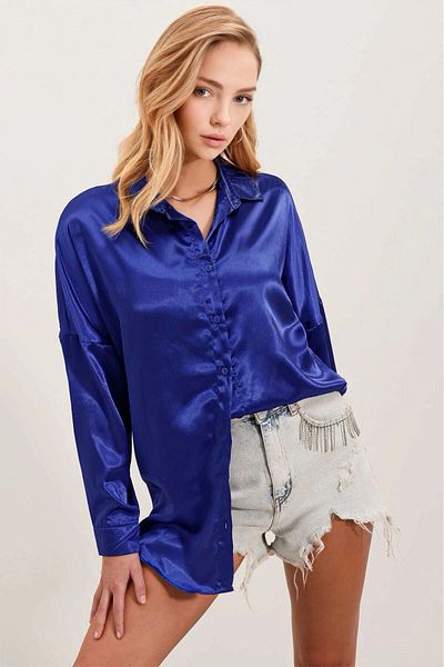 hazelin Cămașă supradimensionată, cu suprafață de satin, albastru vibrant, pentru femei HZL23S-BD139851