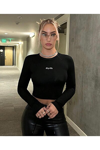 DryMod Bisiklet Yaka Fitilii Kaşkorse Crop Baskılı Bluz Body