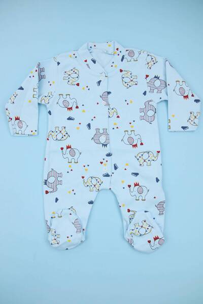 Lindakids Sevimli Fil Desenli Mavi %100 Pamuk Patikli Erkek Bebek Tulum