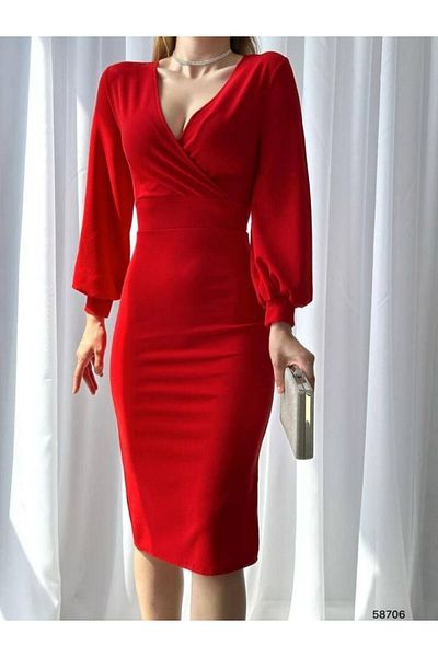 BosFonis Rochie midi de damă cu mânecă cu balon cu guler dublu