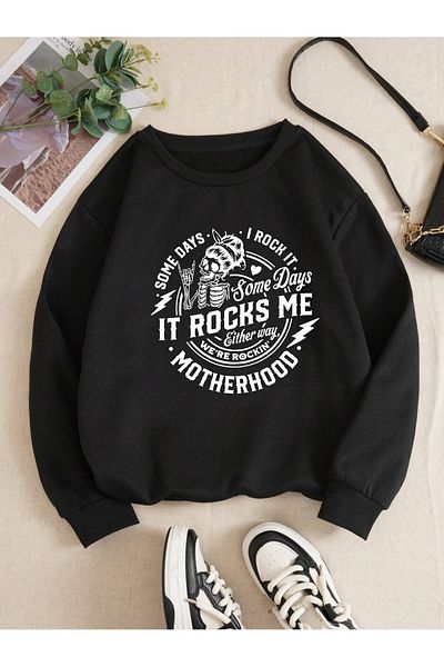 BEETON Motherhood Thick Winter Sweatshirt - Black Printed Oversize Crew Neck